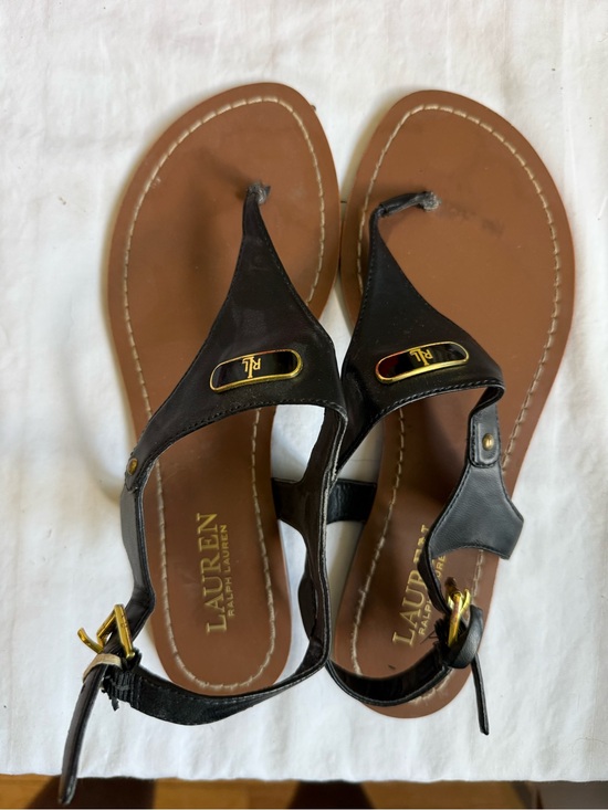 Ralph Lauren Shoes - Ralph Lauren Black Leather “Parsi” T-Strap Sandals with Gold Accents